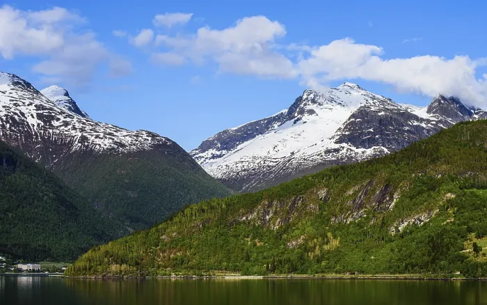 Framed Print : Mountains and Fjord over Norwegian Village Framed Print : Mountains and Fjord over Norwegian Village