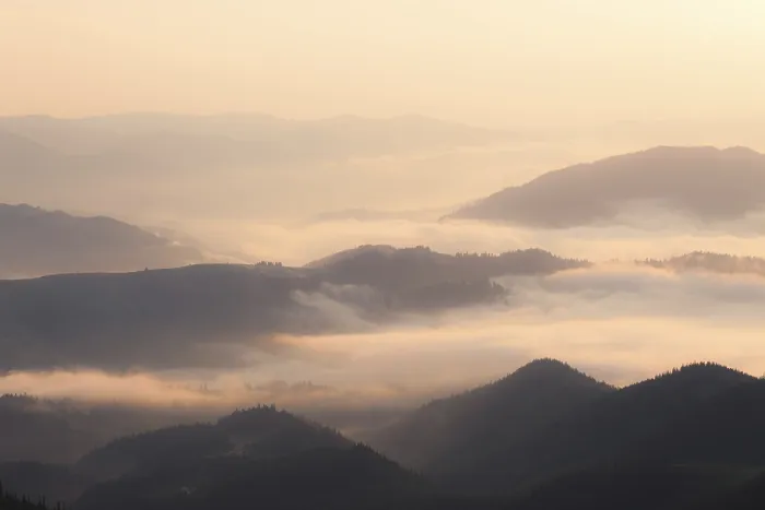 Framed Print : Mountains hills at foggy morning