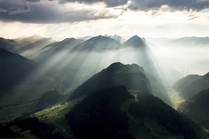 Framed Print : Mountains, Landscape with sun rays in haze on Kanisfluh Framed Print : Mountains, Landscape with sun rays in haze on Kanisfluh