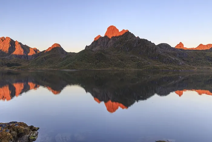 Framed Print : Mountains reflected in fjord, morning light Framed Print : Mountains reflected in fjord, morning light