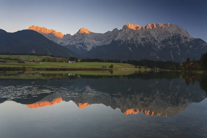 Framed Print : Mountains reflected in lake, evening light