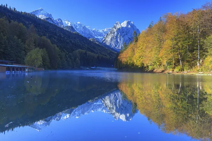 Framed Print : Mountains reflected in lake, fog Framed Print : Mountains reflected in lake, fog