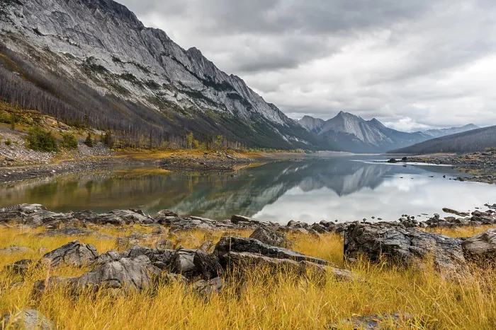 Framed Print : Mountains reflected in a lake, Medicine Lake Framed Print : Mountains reflected in a lake, Medicine Lake