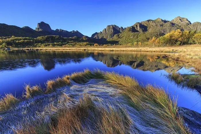 Framed Print : Mountains reflected in lake, morning light