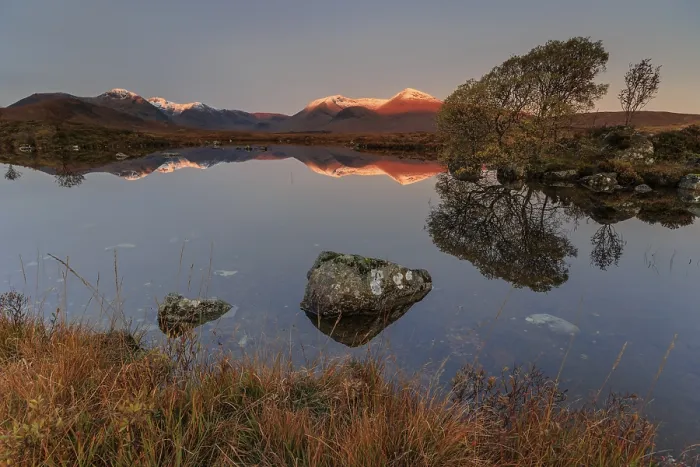 Framed Print : Mountains reflected in lake, morning light