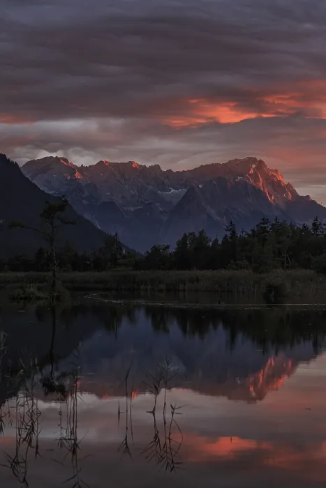 Framed Print : Mountains reflected in lake, sunset