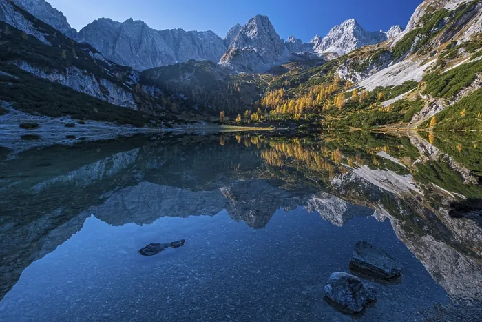 Framed Print : Mountains reflected in mountain lake