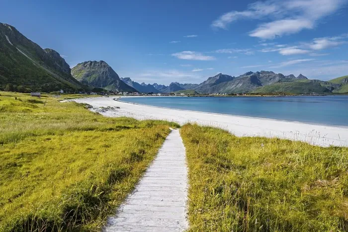 Framed Print : Mountains and sea, Rambergstranda sandy beach Framed Print : Mountains and sea, Rambergstranda sandy beach