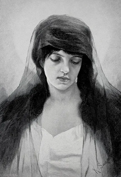 Framed Print : Mourning, young woman with black veil