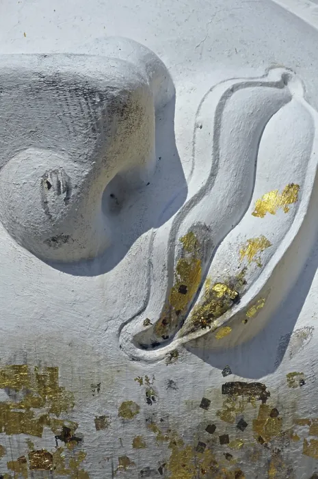Framed Print : Mouth of a lying Buddha statue decorated with gold leaf