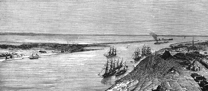Framed Print : Mouth of the Sulina River within the Danube Delta into the Black Sea, shipping traffic, three-master, village, geography, Romania, historical illustration 1888, Europe Framed Print : Mouth of the Sulina River within the Danube Delta into the Black Sea, shipping traffic, three-master, village, geography, Romania, historical illustration 1888, Europe