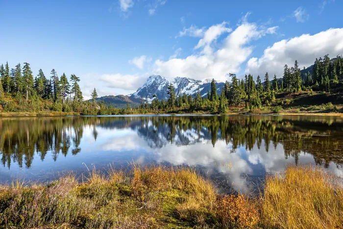 Framed Print : Mt. Shuksan glacier with snow reflecting in Picture Lake