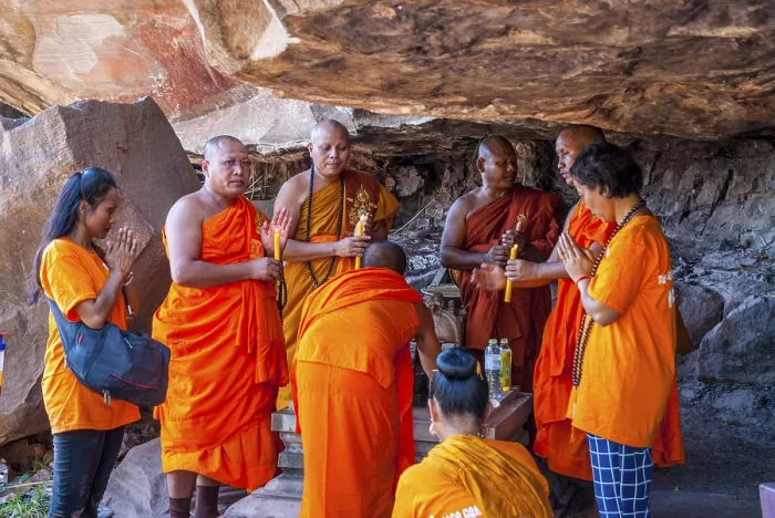 Framed Print : Muang Champassak, Laos - Feb 2016: Group of buddhist prayers at Wat Phou temple