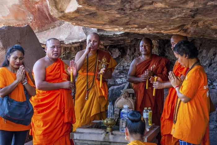 Framed Print : Muang Champassak, Laos - Feb 2016: Group of buddhist prayers at Wat Phou temple