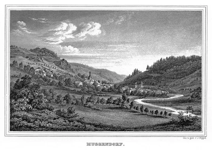 Framed Print : Muggendorf, drawing and steel engraving by J Framed Print : Muggendorf, drawing and steel engraving by J