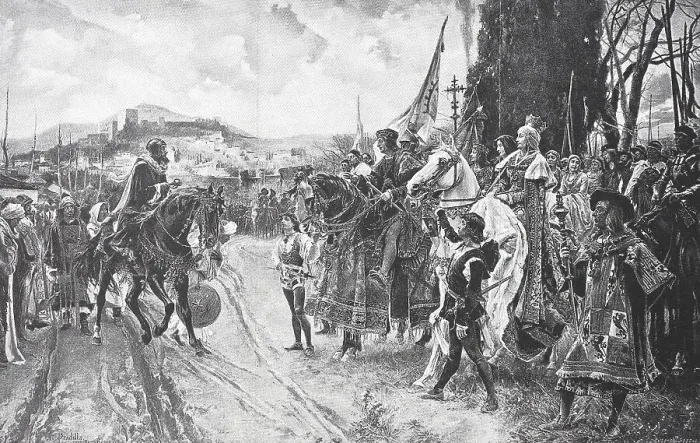 Framed Print : Muhammad XII. Boabdil, surrenders Granada to King Ferdinand the Catholic on 2 January 1492