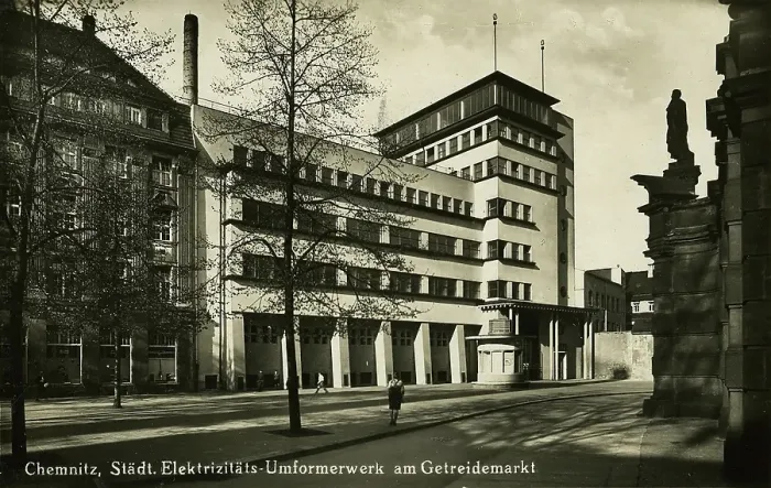 Framed Print : Municipal power station and transformer station at Getreidemarkt, Chemnitz, c. 1925, Saxony, Germany, digitally enhanced reproduction from a historical original, c. 1900, public domain, Europe