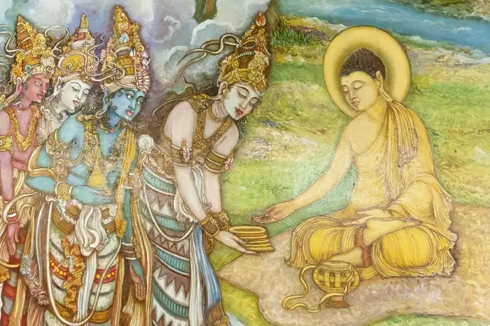 Framed Print : Mural painting, illustration of Buddha and worshippers