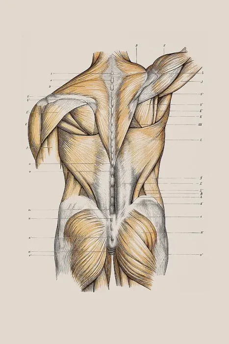 Framed Print : Muscle structure of the back, anatomical illustration