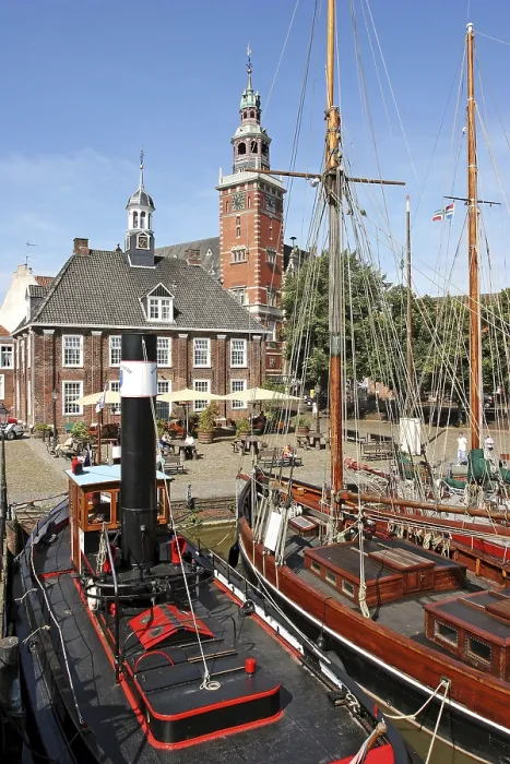 Framed Print : Museum harbour, museum ships, historic scales and the town hall