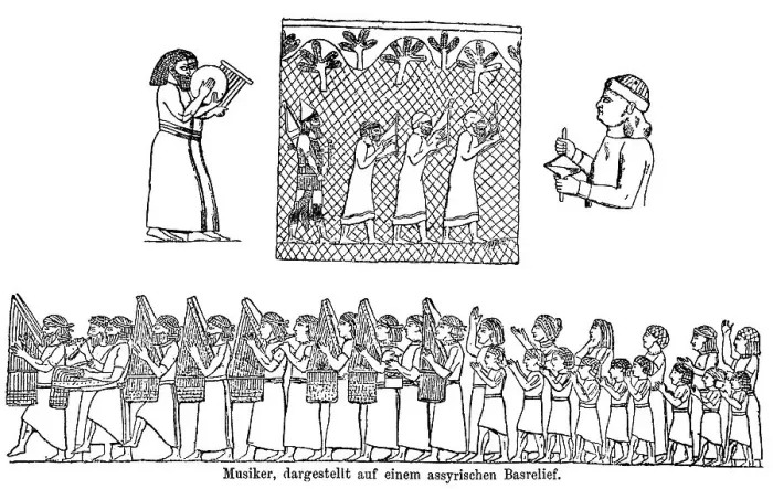 Framed Print : Musicians, depicted on an Assyrian bas-relief