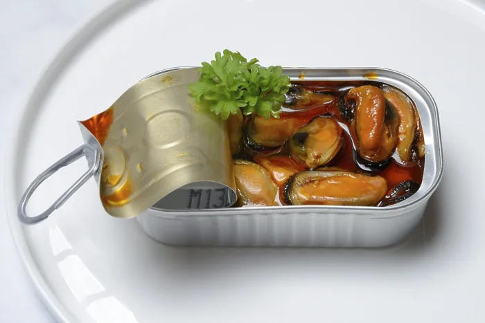 Framed Print : Mussels (Mytilus galloprovincialis) with marinade in tin can