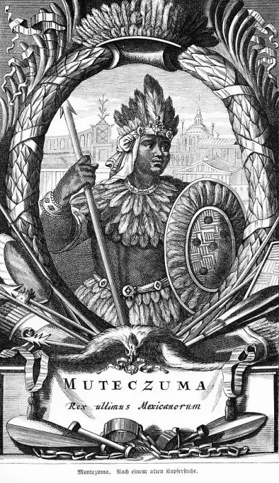 Framed Print : Mutezuma, the Mexican Aztec King armed with spear and shield