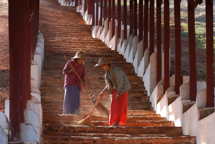 Framed Print : Myanmar, Asia, stair cleaning, two woman, Asia