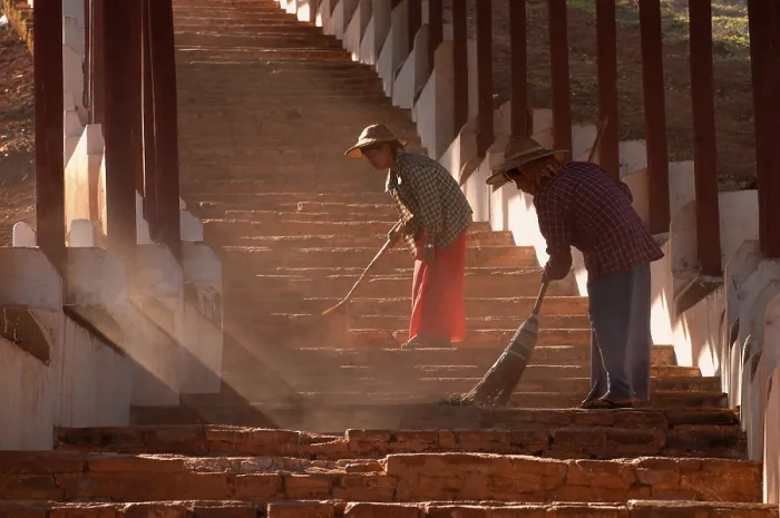 Framed Print : Myanmar, Asia, stair cleaning, two woman, Asia Framed Print : Myanmar, Asia, stair cleaning, two woman, Asia
