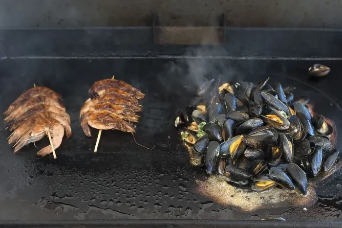 Framed Print : Mytilus (Mytilus edulis) are prepared on a gas barbecue on a plancha
