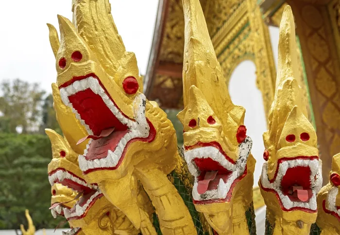 Framed Print : Naga at the steps of Wat Ho Pha Bang temple