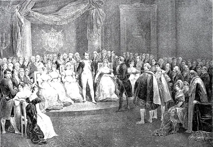 Framed Print : Napoleon and his court, 1810, woodcut Framed Print : Napoleon and his court, 1810, woodcut