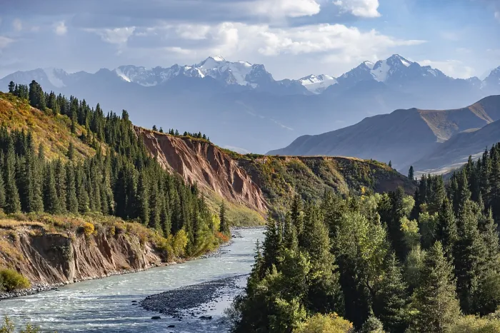 Framed Print : Naryn River and mountain panorama in autumn