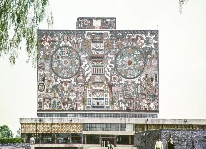 Framed Print : National Autonomous University of Mexico (UNAM), Mexico City, Mexico around 1961 Modern architecture Mural by Juan O'Gorman South wall The colonial past