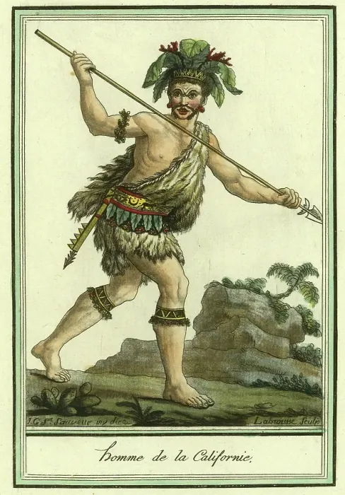 Framed Print : Native American from California who wears furs and carries a spear. Cultural artefacts include ornaments and headdresses. Also includes a cactus, Historic, digitally restored reproduction of an original from the period Framed Print : Native American from California who wears furs and carries a spear. Cultural artefacts include ornaments and headdresses. Also includes a cactus, Historic, digitally restored reproduction of an original from the period