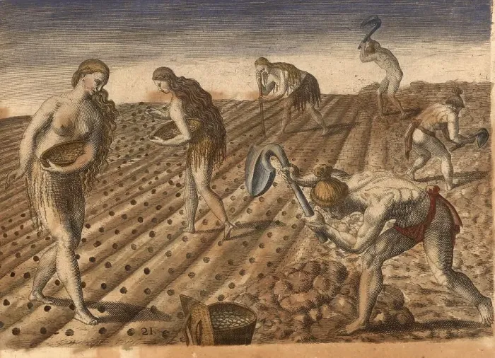 Framed Print : Native American men till the soil and woman plant seeds