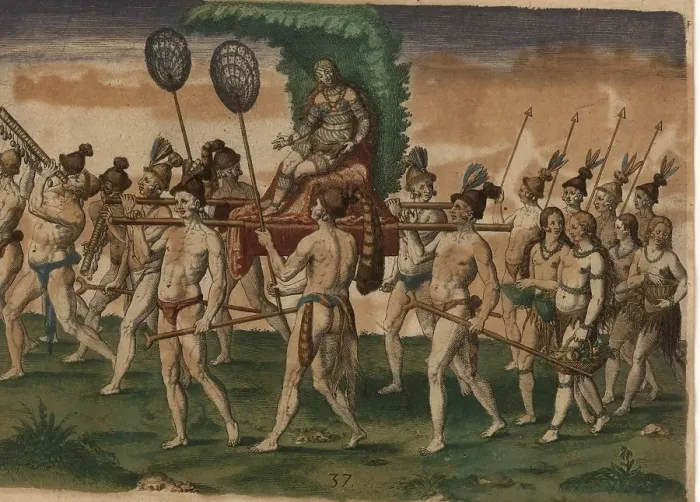 Framed Print : Native Americans carry their future queen on a palanquin. In front of them walk men playing musical instruments like a trumpet, followed by woman carrying baskets of fruit and soldiers with spears Framed Print : Native Americans carry their future queen on a palanquin. In front of them walk men playing musical instruments like a trumpet, followed by woman carrying baskets of fruit and soldiers with spears
