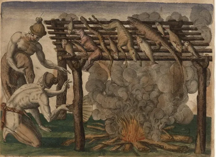 Framed Print : Native Americans drying fish and game such as alligators, snakes and small deer on a grill over a fire, Historic, digitally restored reproduction of an original from the period