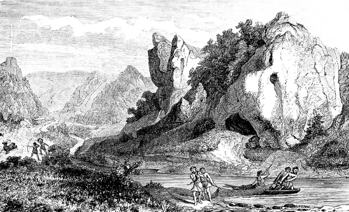 Framed Print : Native people hunting and fishing, cave in the Swabian Ach Valley, UNESCO World Heritage Caves and Ice Age Art of the Swabian Alb, Geopark, Ach Valley, Swabian Jura low mountain range, mountain landscape, Baden-Wuerttemberg, history of mankind Framed Print : Native people hunting and fishing, cave in the Swabian Ach Valley, UNESCO World Heritage Caves and Ice Age Art of the Swabian Alb, Geopark, Ach Valley, Swabian Jura low mountain range, mountain landscape, Baden-Wuerttemberg, history of mankind