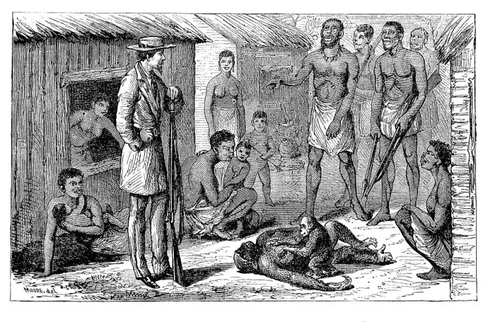 Framed Print : Natives standing in front of a hunter who shot a gorilla that had a cub Framed Print : Natives standing in front of a hunter who shot a gorilla that had a cub