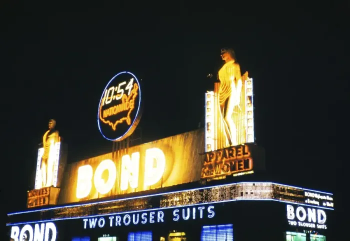 Framed Print : Neon light advert for Bond Two Trouser Suits, Times Square, New York, USA around 1953 Framed Print : Neon light advert for Bond Two Trouser Suits, Times Square, New York, USA around 1953