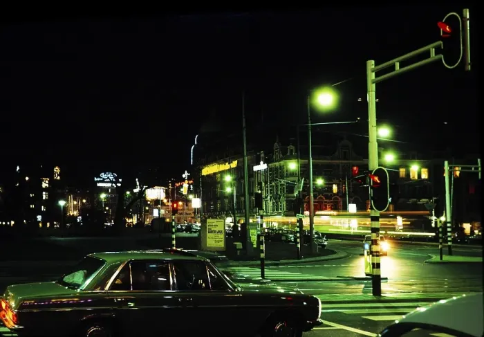 Framed Print : Neon lights and traffic City centre at night Amsterdam, Netherlands 1973