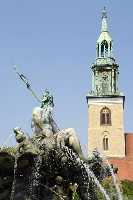 Framed Print : Neptunbrunnen Neptun fountain and bell tower of St