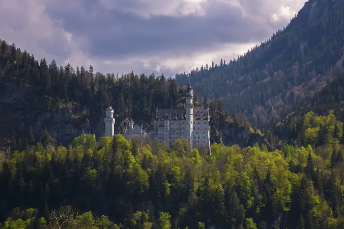 Framed Print : Neuschwanstein Castle against a backdrop of forest and mountains