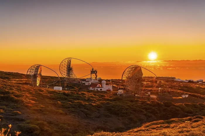 Framed Print : The new astronomical observatory of the Caldera de Taburiente in a beautiful orange sunset
