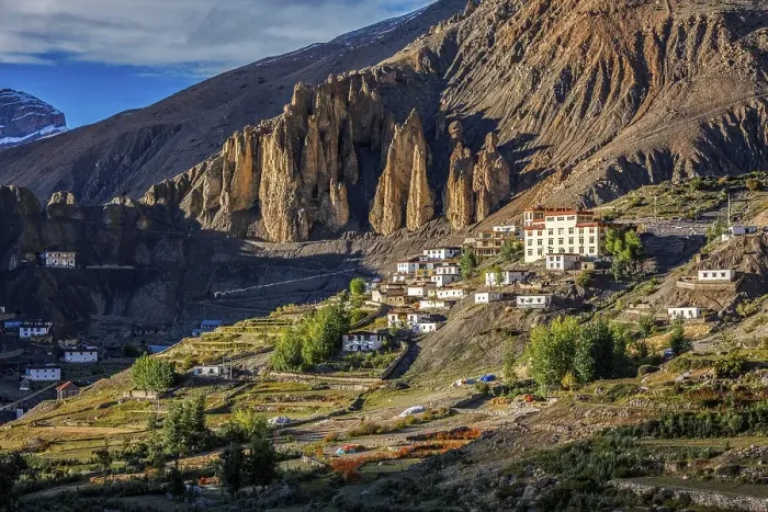 Framed Print : New Dhankar gompa (monastery) and Dhankar village on sunset