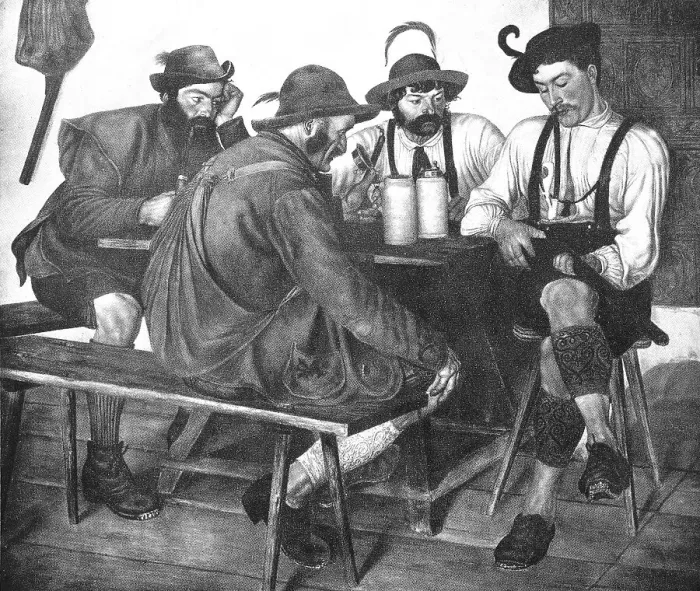 Framed Print : The New Socket, Hunter presents his new hunting rifle to his hunting companions in the inn