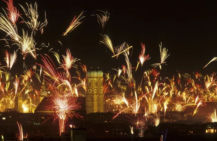 Framed Print : New Year fireworks and Frauenkirche Church