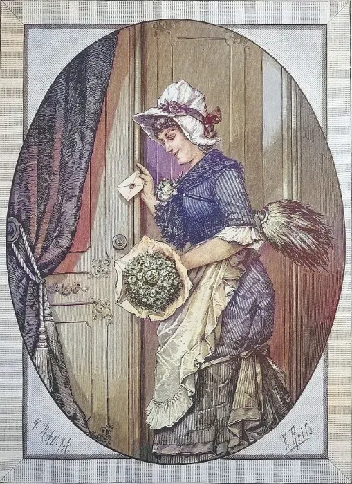 Framed Print : New Years Wish, Chambermaid with Bouquet of Flowers and New Years Greetings at the Door Framed Print : New Years Wish, Chambermaid with Bouquet of Flowers and New Years Greetings at the Door