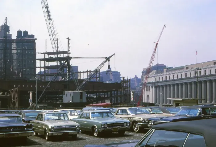 Framed Print : New York in 1966, Manhattan, Madison Square Garden under construction, General Post Office on the right